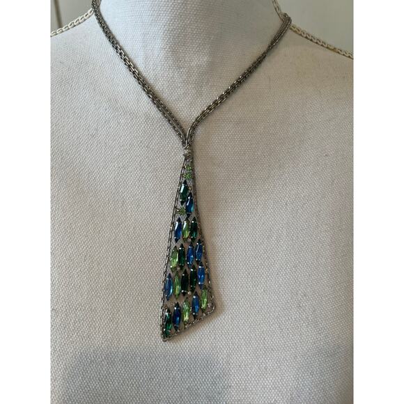 Vintage Art Deco Colored Stone Silver Y Statement Necklace - Picture 1 of 7